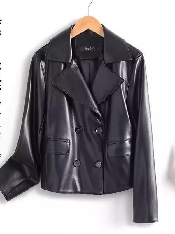   Chaqueta de Cuero Genuino Ning para Mujer, Estilo Slim, Abrigo de Piel de Oveja, Nueva Colección Primavera 2025, Chaqueta de Cuero Negra