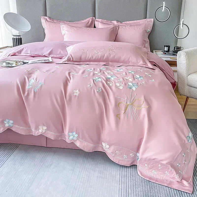 Fresh 120 Cotton Four-Piece Set Girl's Heart Butterfly Embroidered Cotton Quilt Cover Fitted Sheet Bare Sleeping Bedding