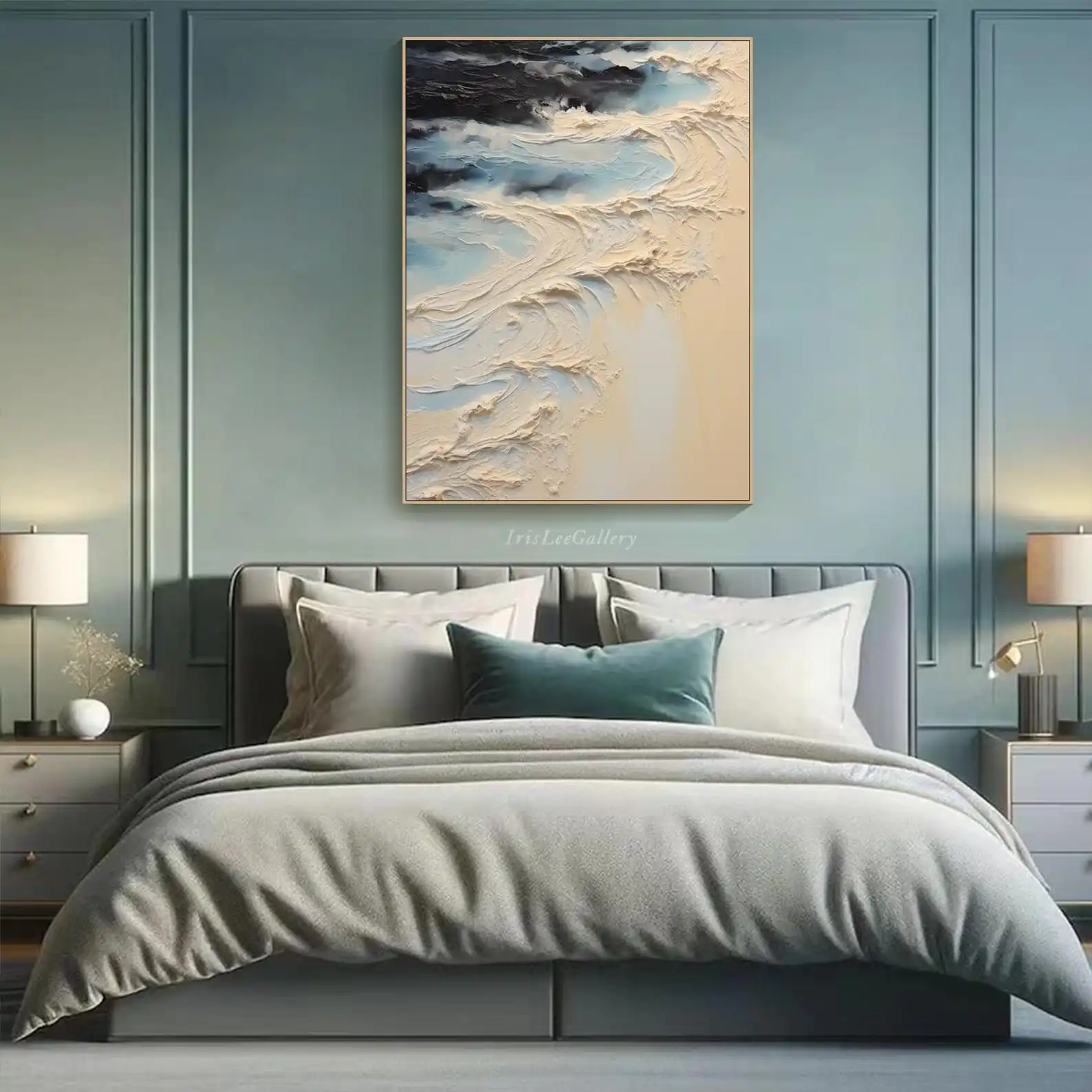 Mhemyo Textured Ocean Wave Wall Art Abstract Hand Painted Coastal Blue Beige Oil Painting On Canvas Layered Paint For Home Decor