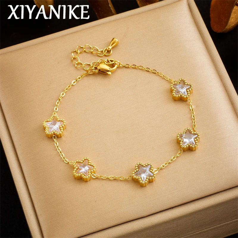 XIYANIKE 316L Stainless Steel Luxury Gold Color Bracelet for Women Fashion Five-Pointed Star Colorful Zircon Bangle Jewelry Gift