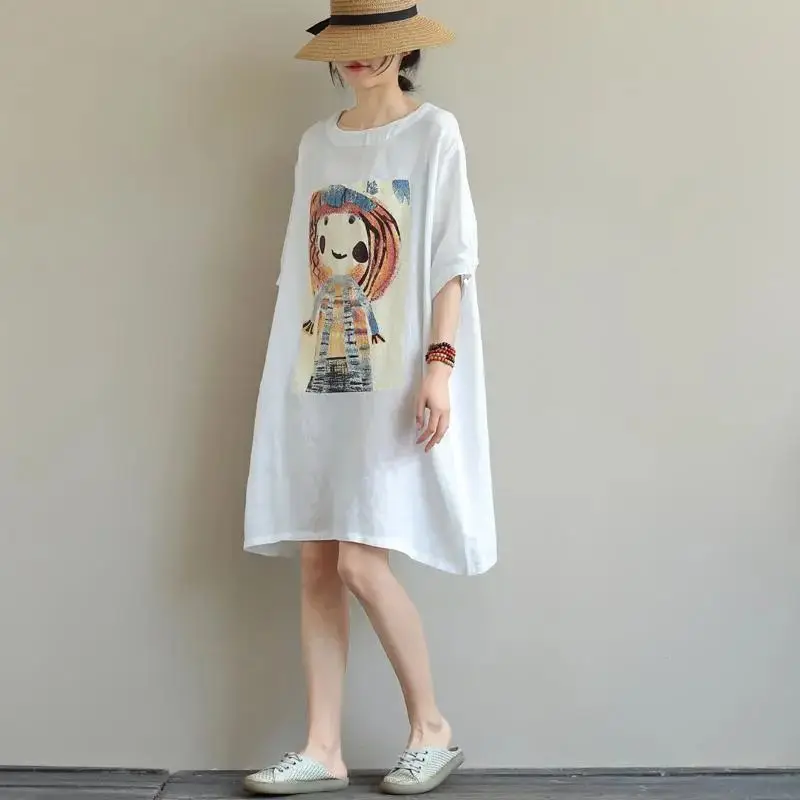 Women Y2K Printed Casual Tunics Summer Loose Simple Cartoon Chic T-shirts Female Cotton Linen Korean Style Pullovers