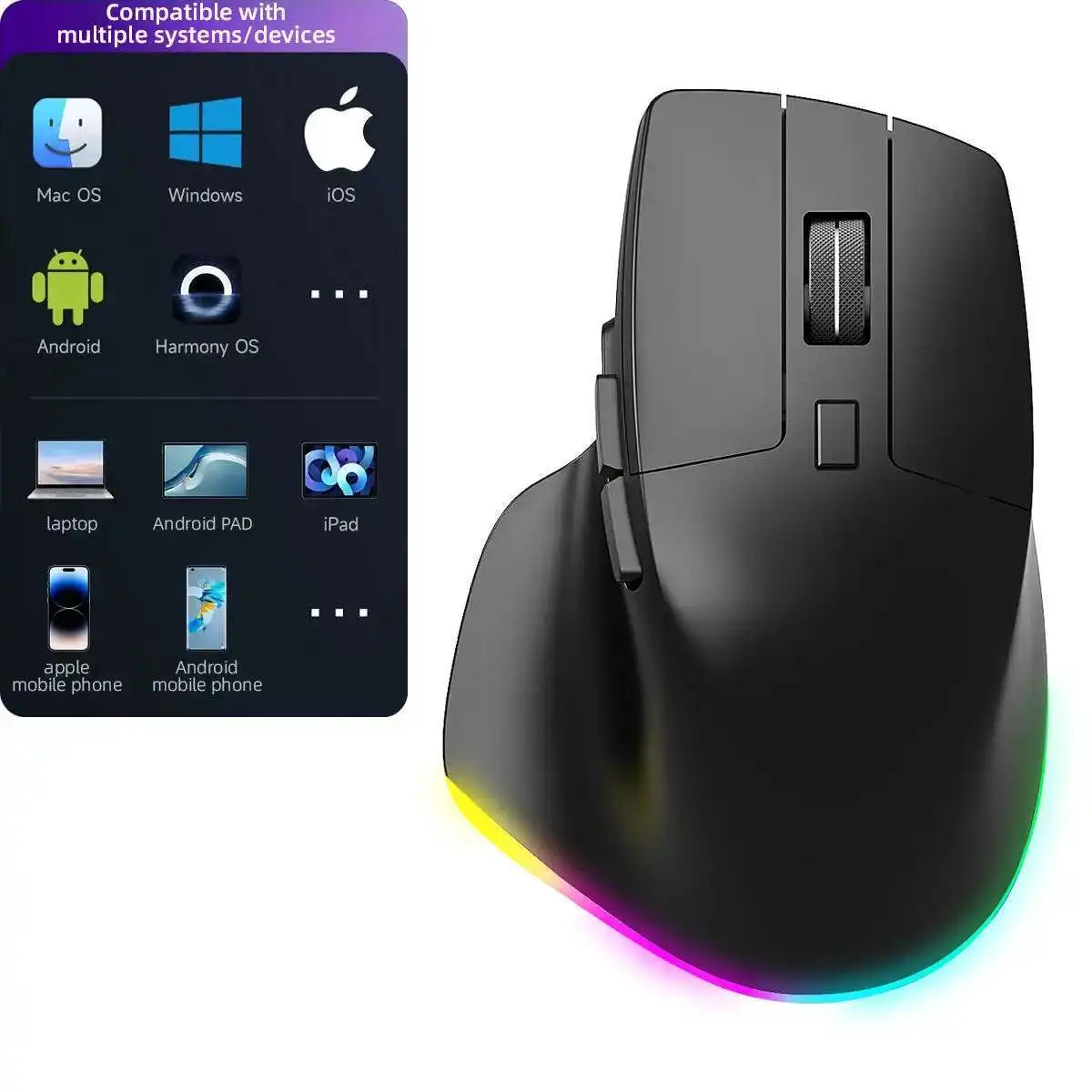 2.4G بلوتوث لاسلكي ثلاثي الوضع ماوس عمودي بيئة العمل الألعاب البصرية RGB مضيئة الكمبيوتر USB شحن 1600 ديسيبل متوحد الخواص الكمبيوتر المحمول الفئران