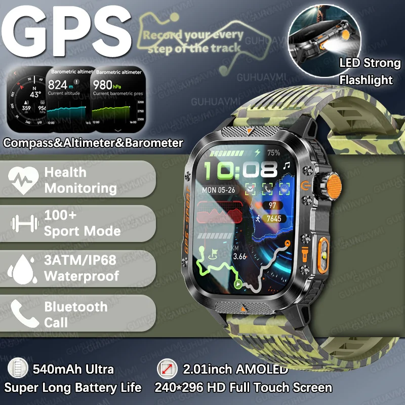

Millitary GPS Position SmartWatch Men 3ATM Waterproof Bluetooth Call 100+Sport Mode Anti fall 540mAh 2.01" Smartwatches 2025 IOS