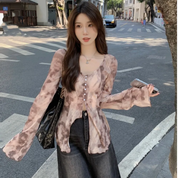 Elegant V-Neck Gradient Slim Long Sleeve Single Button Chiffon Blouse Women's Fashionable Casual Shirt Floral Lace Hemline