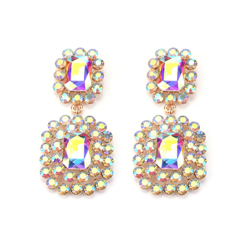 Fashion geometric square alloy with diamonds exaggerated large glass colored earrings women's dinner party super flash earrings
