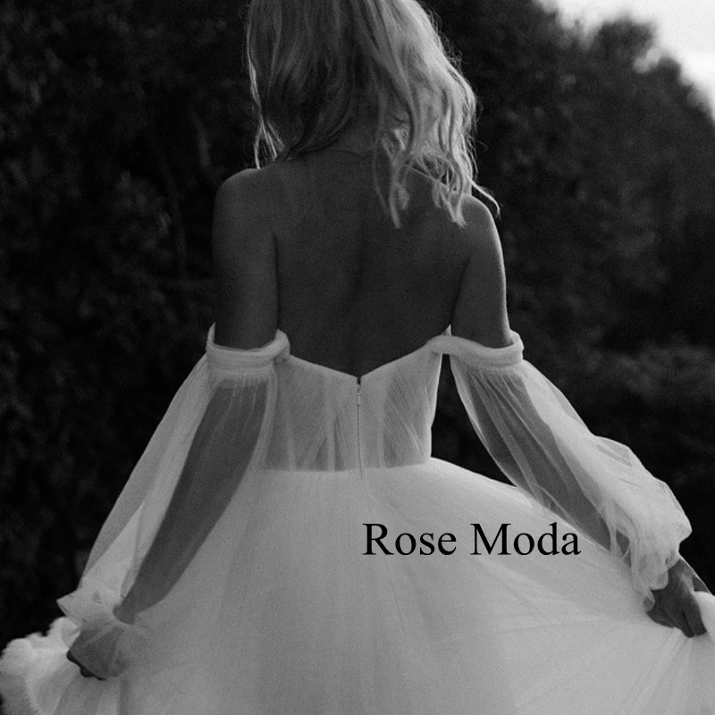 Rose Moda عاري الكتفين وأكمام طويلة من التل فساتين الزفاف مع شق الوجهة فستان الزفاف مخصص صور حقيقية