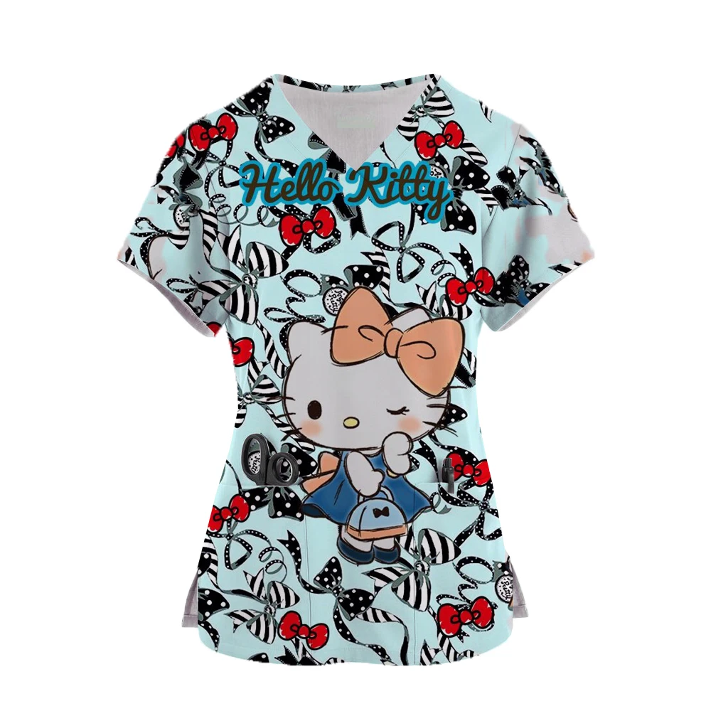 Women Nursing Clothing 3XL Hello Kitty Print Nursing Scrubs T-Shirt Tops Casual Short Sleeve V-neck Pocket Women Scrubs Uniform