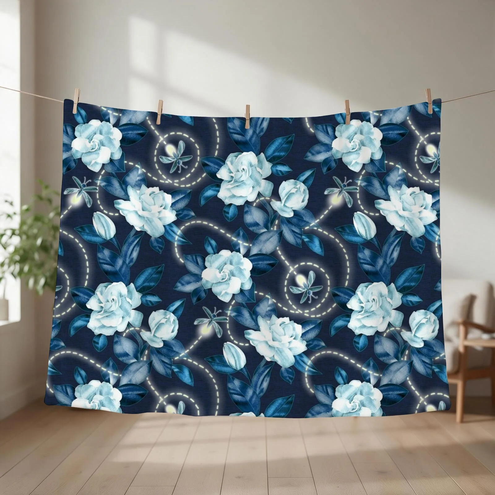 New Midnight Sparkles - Gardenias and Fireflies in Sapphire Blue Throw Blanket Luxury Brand Flannels Soft Big Kid'S Blankets