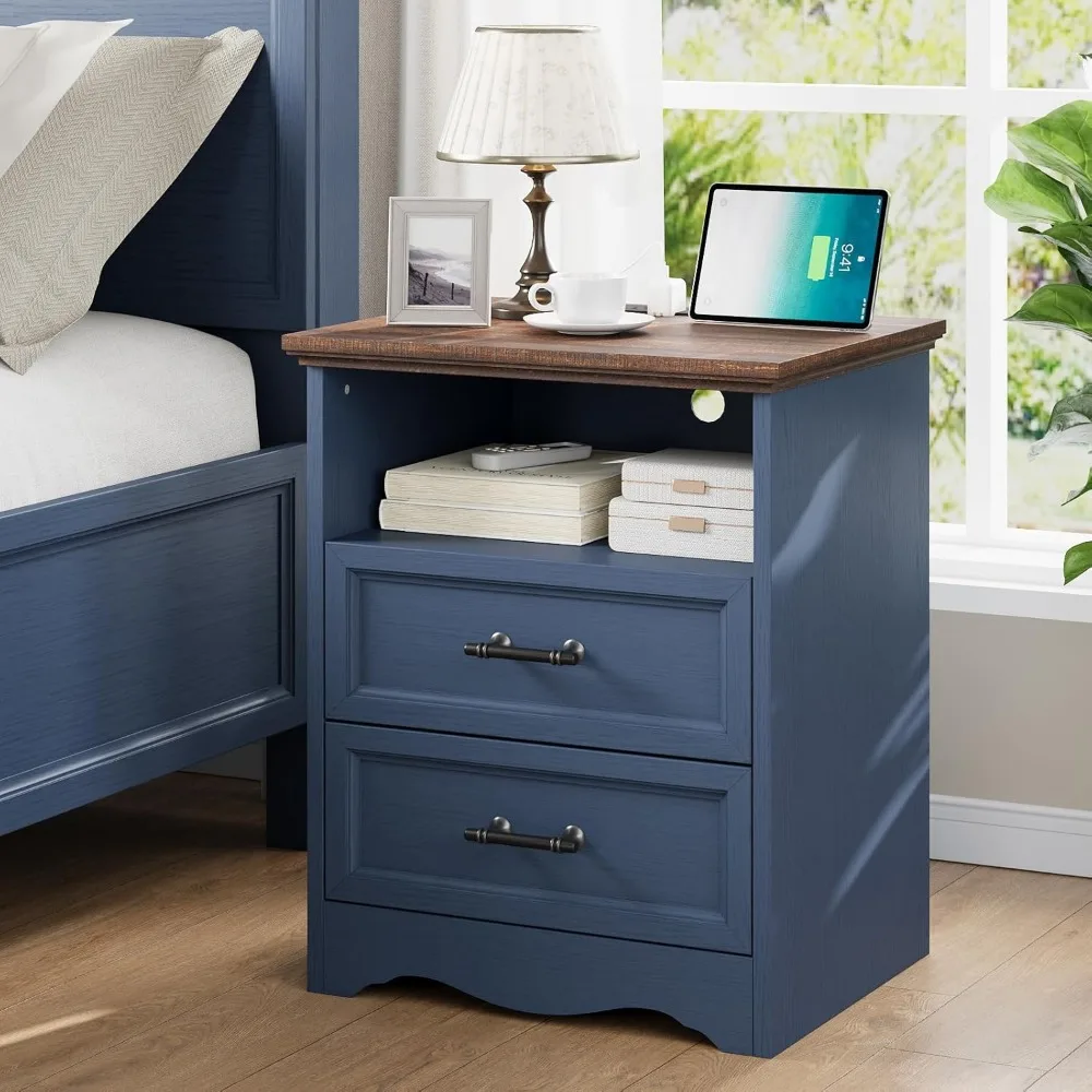 

19.7 Nightstand with Charging Station, Farmhouse End Table with 2 Drawers Storage, Blue Wooden Night Stand, Bed Side Table with