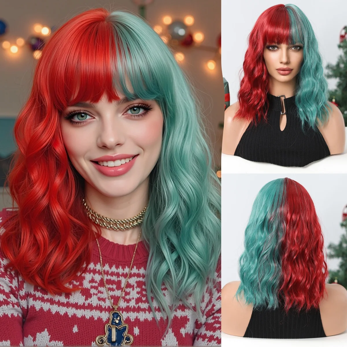 

Short Half Red and Half Green Wave Synthetic Wig Wig for Women Christmas Daily Cosplay Fake Hair High Temperature Fiber Wig