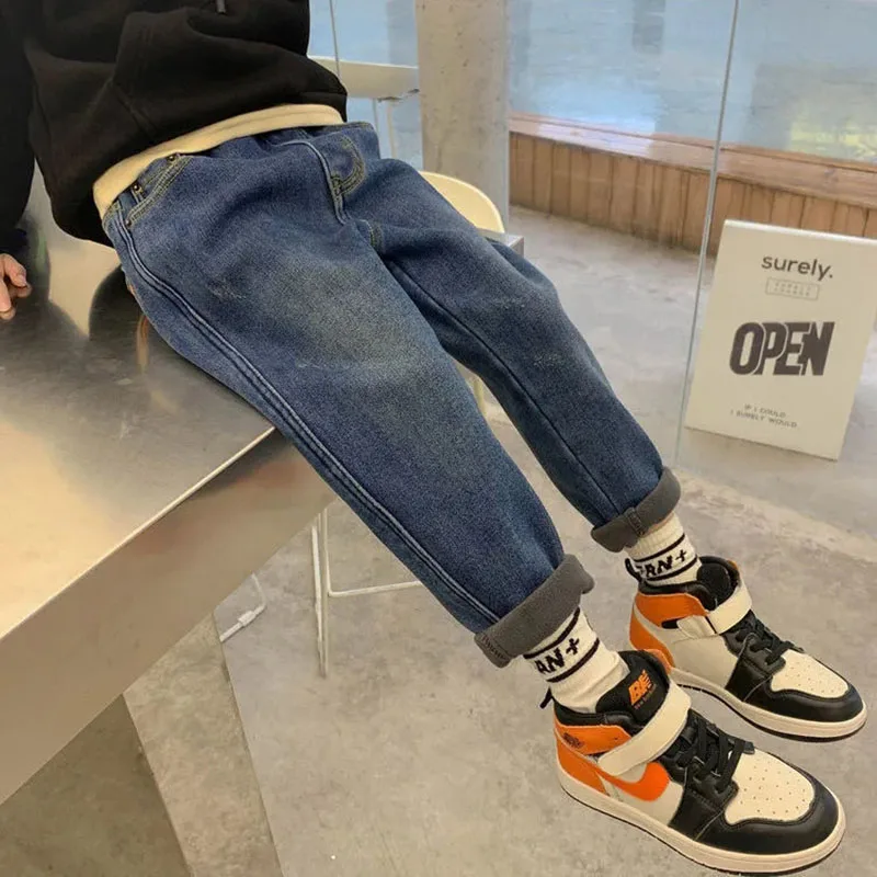 Winter Velvet Lined Boys Jeans Thicken Plush Children Denim Pants Elastic High Waist Warm Kids Vaqueros Fashion Harem Pantalones