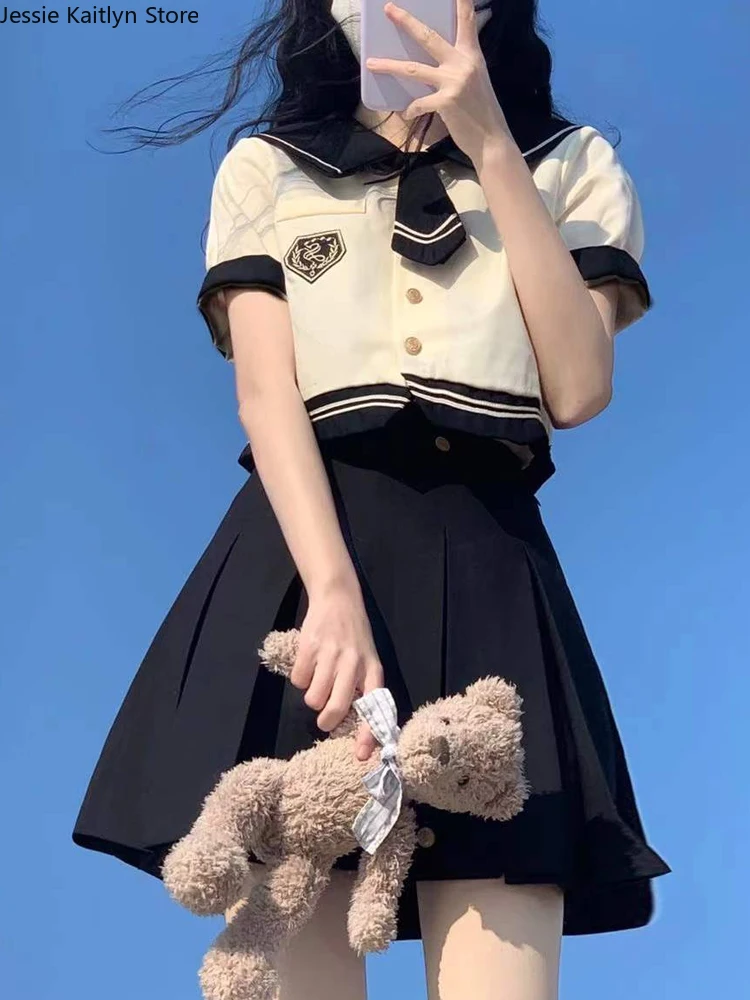 女性のための日本のカワイイ制服、かわいい女の子のコスプレ、JKの制服、長袖、セーラートップ、ミニプリーツスカートセット、秋、韓国