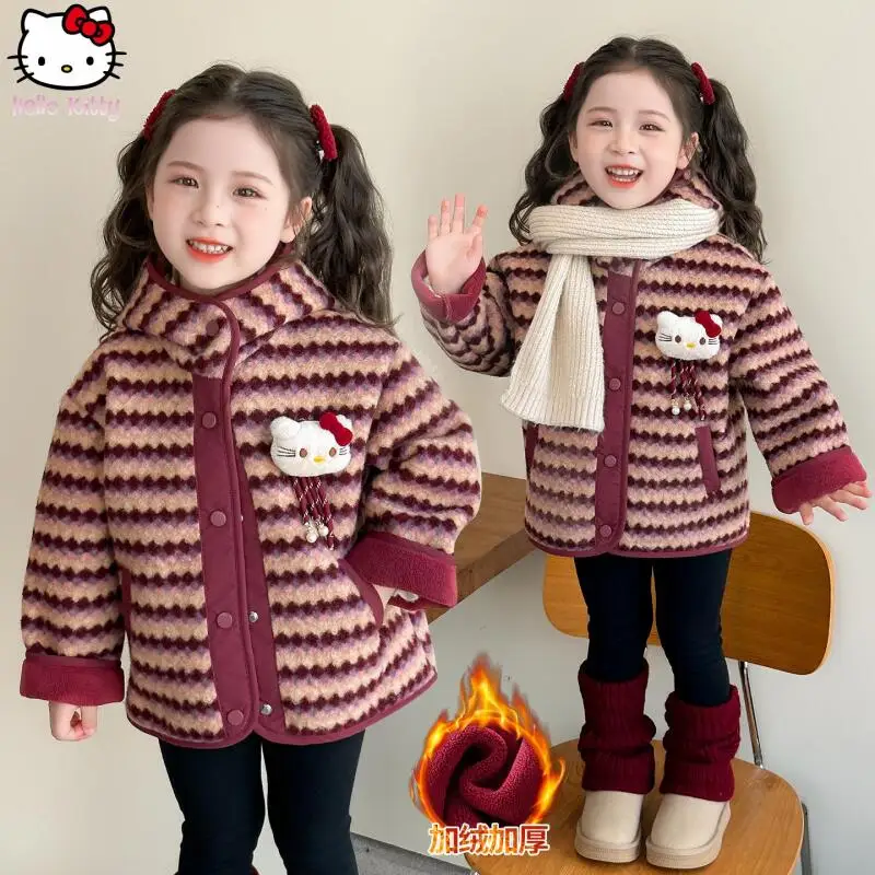 Girls Kawaii Cat Striped Hooded Thickened Coat Anime Autumn and Winter New Children's Cartoon Warm Coat Fashionable Cotton Tops
