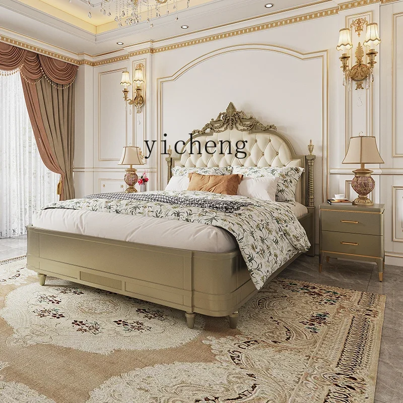 V5.9  French bed First layer cowhide  American light luxury carved bed Master bedroom solid wood double bed
