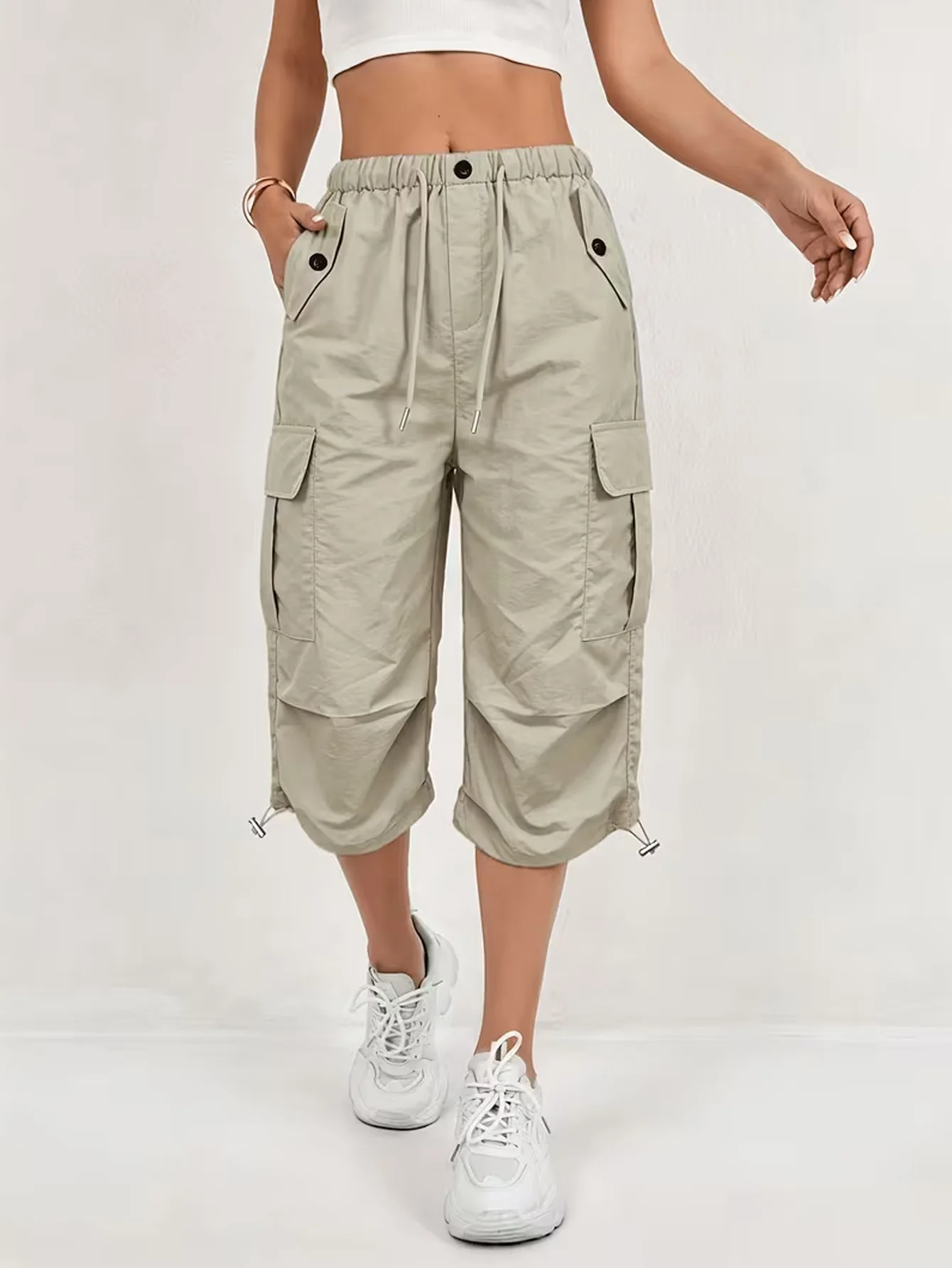 Women's Cargo Capri Pants Lightweight Quick Dry Outdoor Running Sports Capris Multi-Pocket