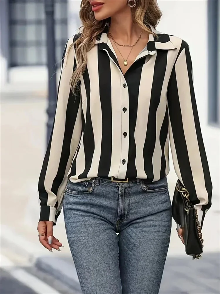 Women Spring Autumn Style Blouses Shirts Lady Casual Long Sleeve Turn-down Collar Striped Printed Blouse Top