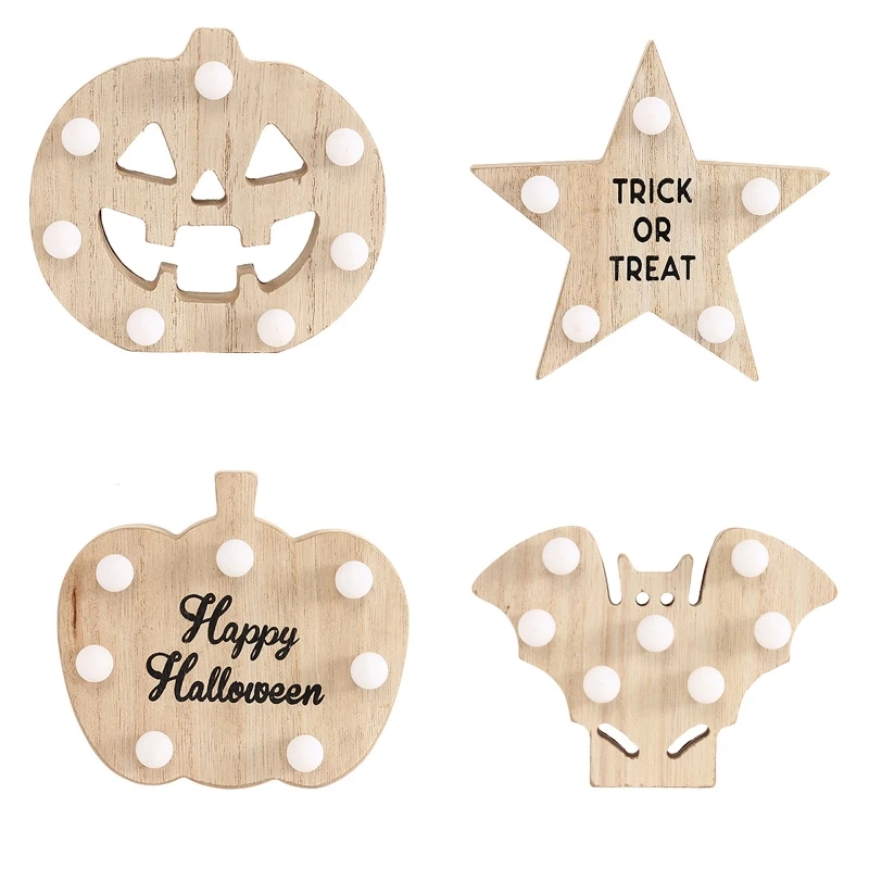 

Halloween Wooden Led Light Bat Pumpkin Star Wood Crafts Ornament for Home Festival Holiday Party Desktop Room Decoration