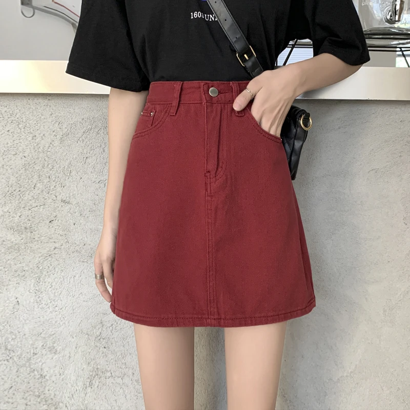 

Fall New Sle Korean High Waist Wine Red Denim ort Skirt Women Student plus Size A-Line Skirt Slimming Effect