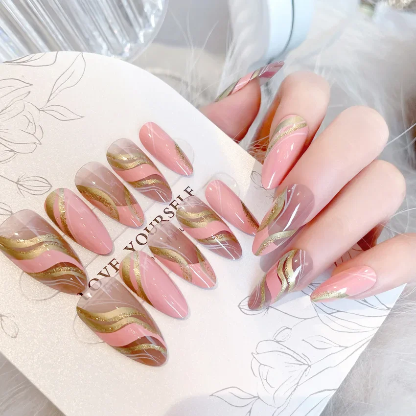 Press on Nails Pink Barbie Corrugated Long Almond Acrylic Nail Glitter Wearable Nail Stickers with Free Glue for Women,24pcs