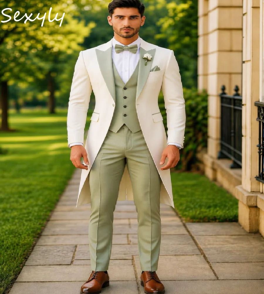 Sage Green With White Wedding Groom Tuxedo Contrast Lapel Satin Tailcoat Blazer Vest Pants Set  for Groom Prom Banquet Business