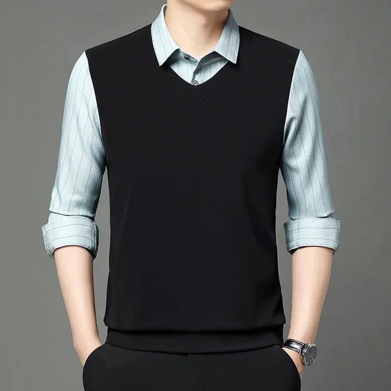 وهمية قطعتين الرجال قمصان بولو بدوره إلى أسفل طوق مخطط المرقعة الأعمال عادية الحرارية طويلة الأكمام مريحة محبوك القمم