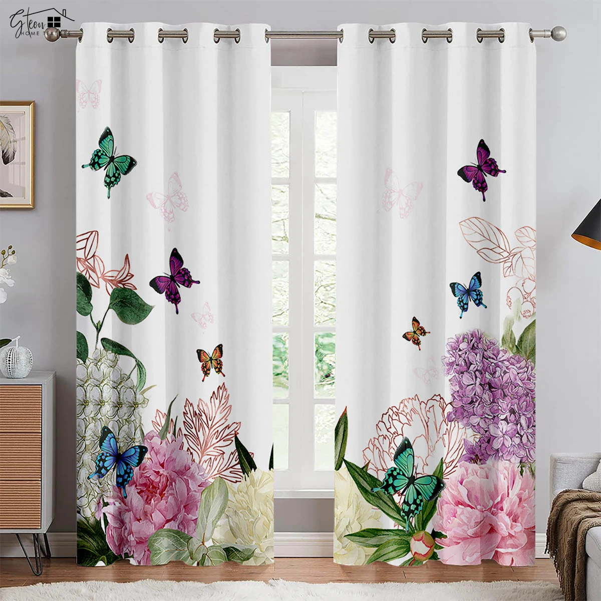 Retro Pastoral Butterfly Flower 3D Printing Curtains Beautiful And Fresh Bedroom Living Room Study Polyester Fiber Curtains 2PCS