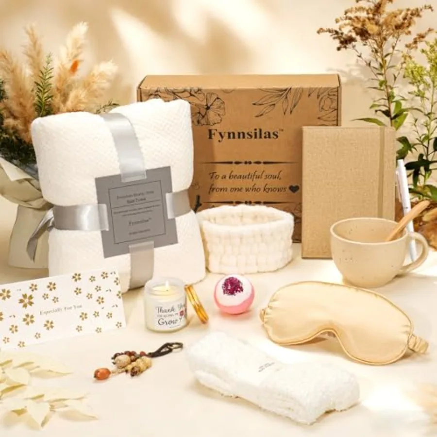 Stress Relief Spa Gift Box for Women 12pc Self Care Set w/ Oud Wood Candle, Blanket, Bath Bombs, Eye Mask, Fuzzy Socks Birthday