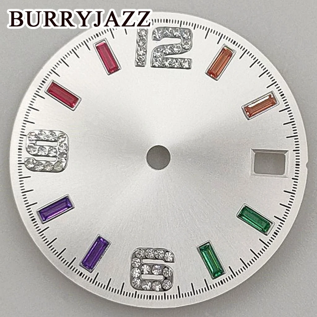 BURRYJAZZ 28.5 ملم بدون شعار NH35 قرص الساعة فضي أسود أزرق أخضر قرص مناسب 3 الساعة 3.8 ساعة تاج
