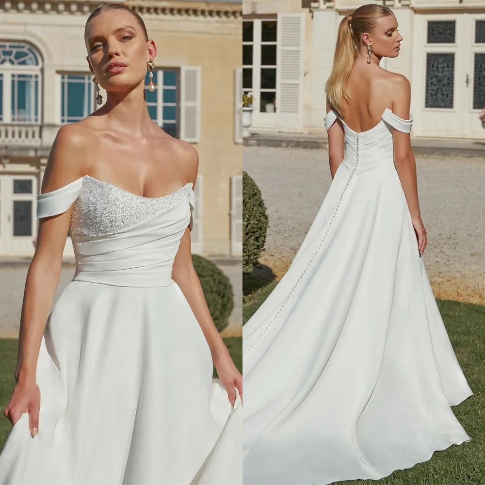 

Customized Pastrol White Jersey Wedding Dresses Exquisite Off the Shoulder Dresses Heavy Industry Wedding Dresses White Gown