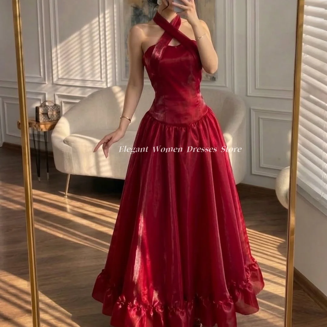 red halter party dress Evening A Line Prom Dresses with Folds Elegant Formal Dress Vestidos De Fiesta Elegantes Customized Over 60% Off