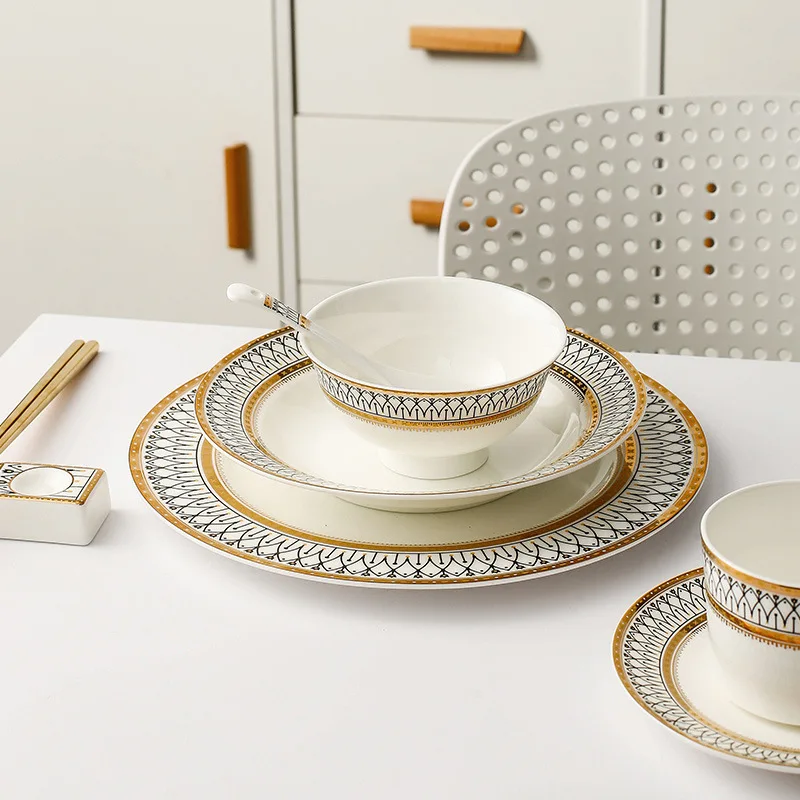 

Тарелка для стейка в западном стиле, плоская тарелка, бытовой костяной фарфор, посуда с золотыми краями, круглая тарелка