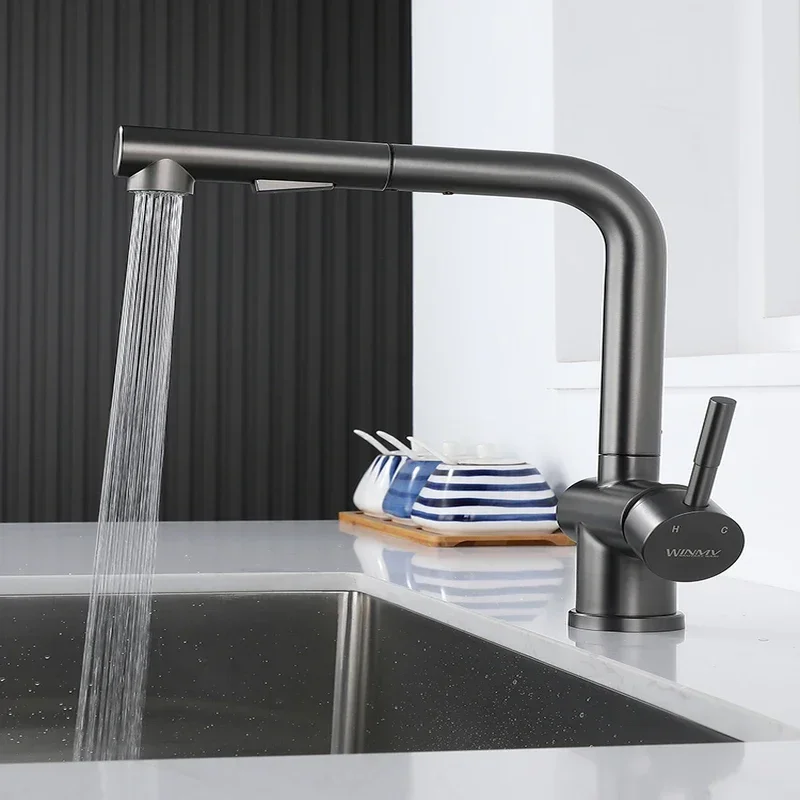 Black Pull-Out Kitchen Faucet Dual Mode Stream Sprayer Stainless Steel Rotation Deck Mount Hot and Cold Water