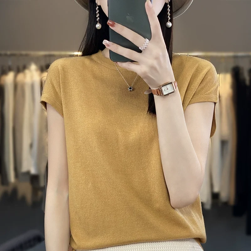 

Lightweight Summer Knitted Wool round Neck Top Loose Half Sleeve Ice Silk Single Color Women's T-Shirt Korean Style Commute