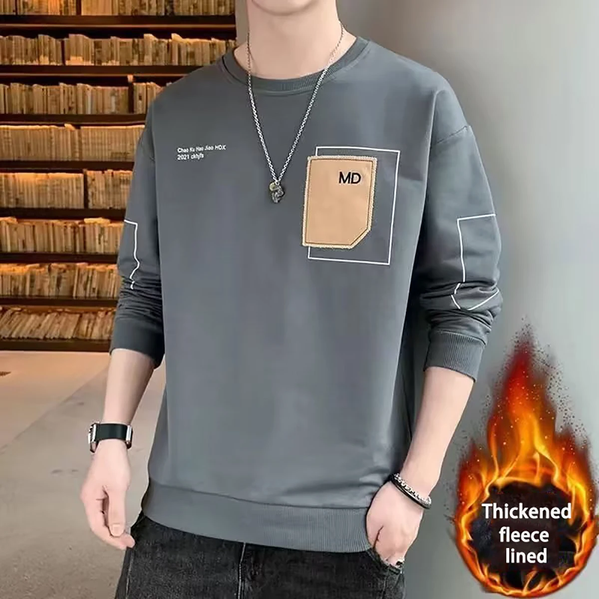 Men's Round Neck Long Sleeved Printed Pattern Top Youth Casual T-shirt Thick Warm Autumn Winter Couple Outfit