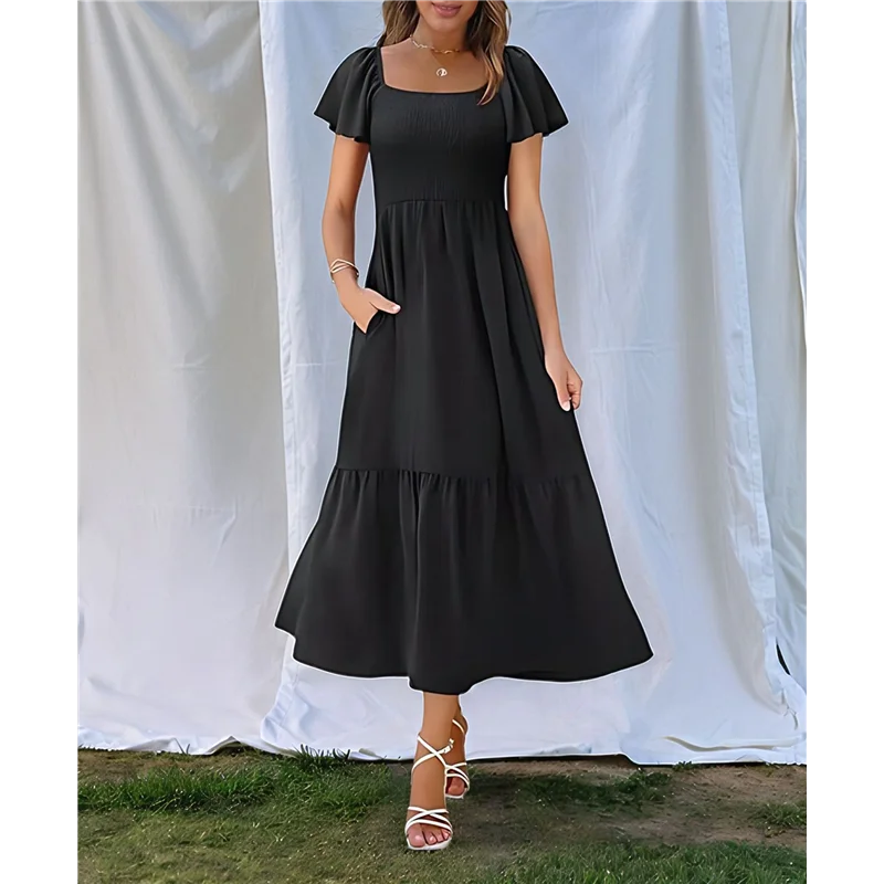 A09P Damska Letnia Sukienka Midi z Kwadratowym Dekoltem, Falbankami na Rękawach, w Stylu Boho, Marszczona, Rozkloszowana, Zwiewna, Warstwowa, Skromna, z Kieszeniami