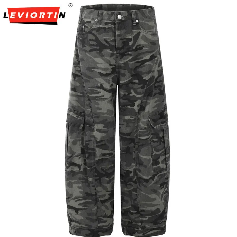 2025 American street fashion trend, neutral and high-end sense, curved blade design, camouflage loose casual straight leg jeans