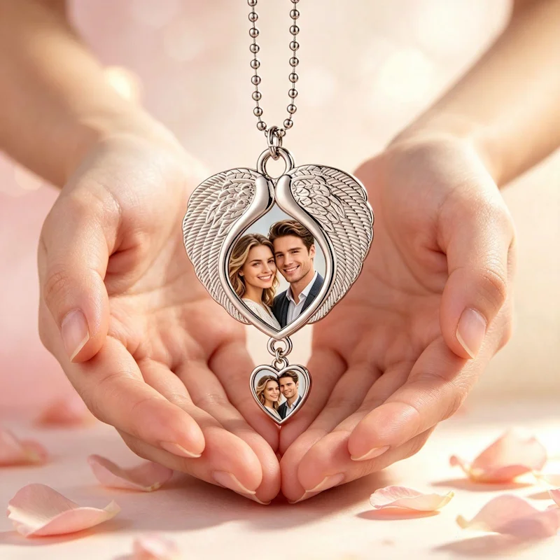 Custom Photo angel Wing Heart-shaped Car Pendant, Photo Rearview Mirror Hanging, Personalised Commemorative Gift