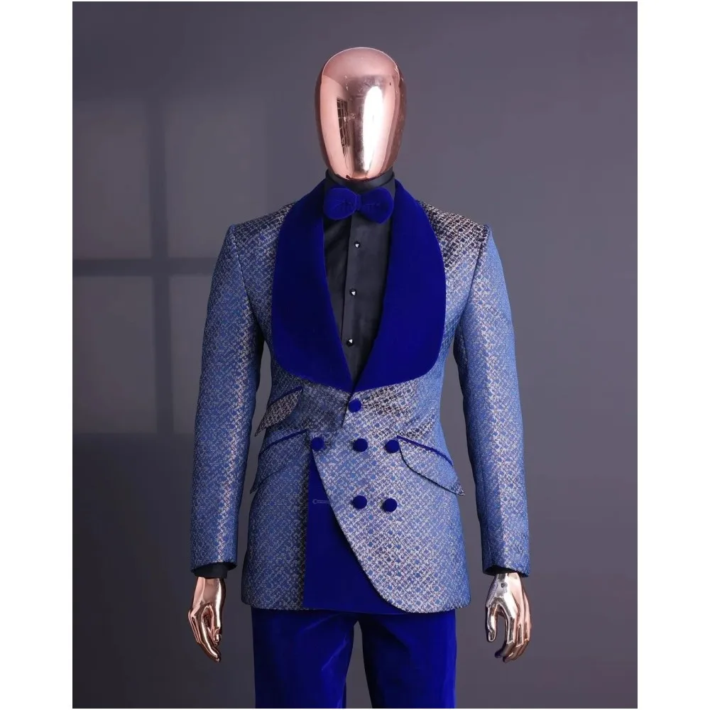 

Royal Blue Floral Jacquard Men Suits Slim Fit Shawl Lapel Double Breasted Jacket Wedding Tuxedos Groom Male Costume 2 Pieces