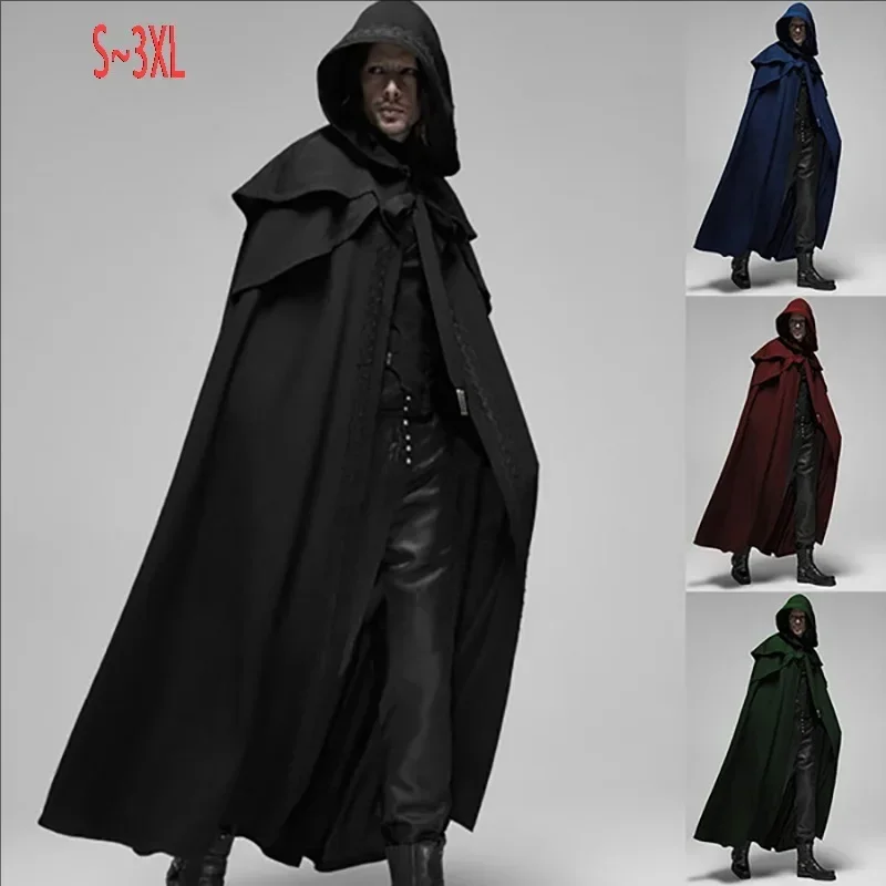 Men Monk Cosplay Outfit Medieval Vintage Gothic Hooded Loose Black Long Cape Poncho  Trench Winter Cloak Coat  Halloween view 2
