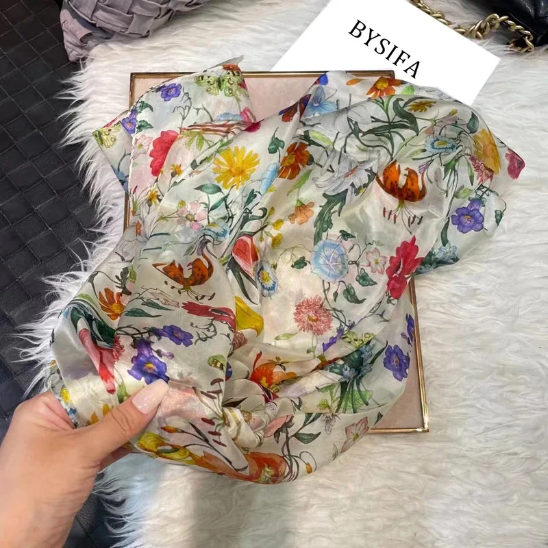 Bufanda de seda 100% colorida, bufandas para mujer, chales de playa de verano, Foulard para Otoño e Invierno, diseño de flores, bufandas de cuello largo, Hijabs