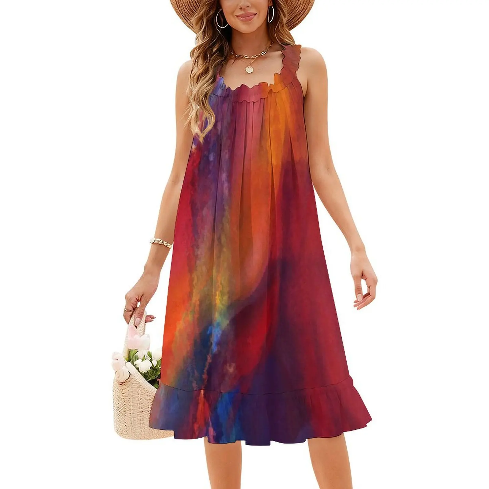 فستان رقص الألوان على شكل حرف a فستان بفتحة عنق على شكل قلب فستان أنيق للحفلات الصيفية للنساء لوحة تجريدية تجريدية