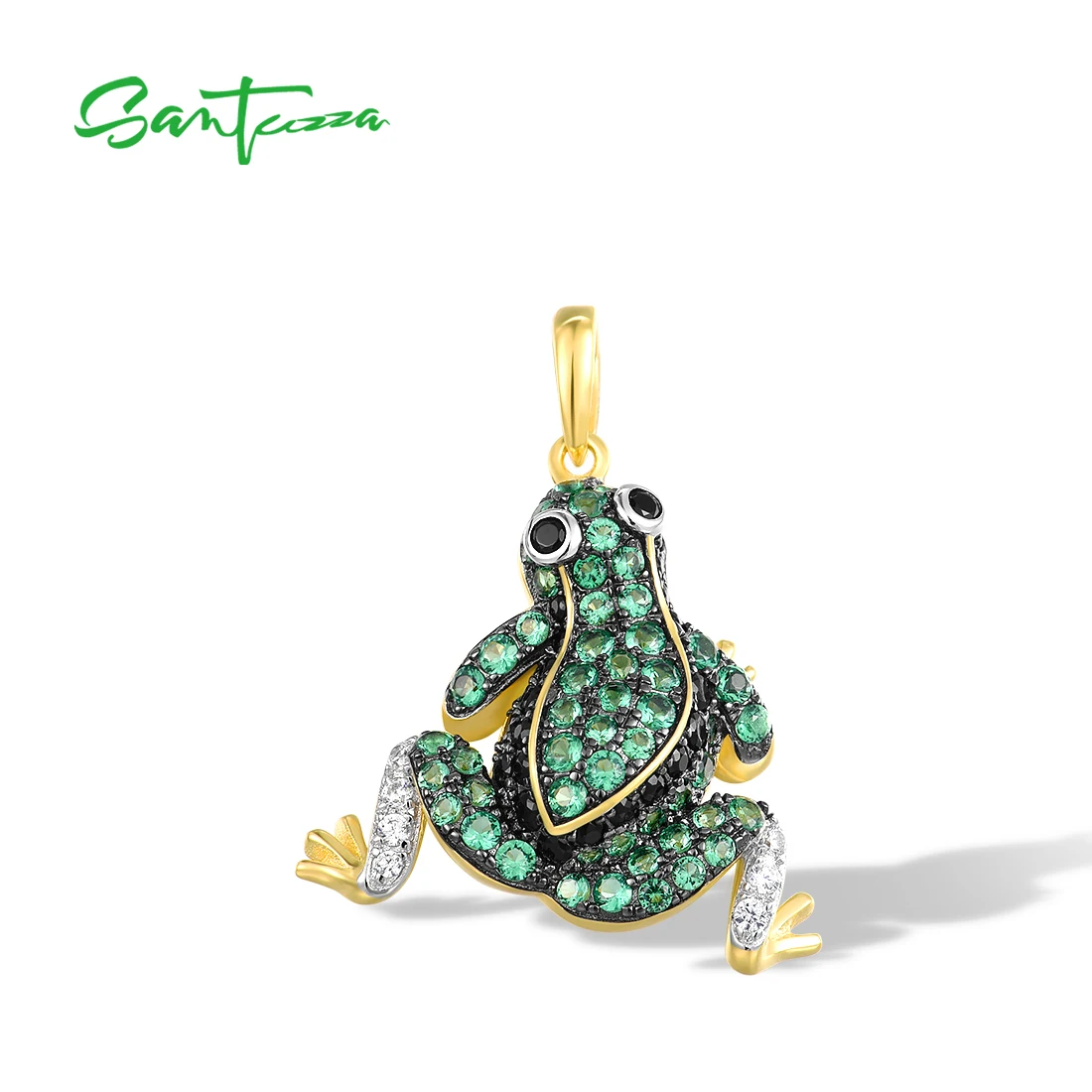 SANTUZZA Pure 925 Sterling Silver Pendant for Women Sparkling Green Black Spinel White CZ Frog Pendant Cute Animal Fine Jewelry