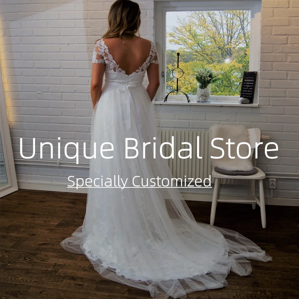 Customized Exquisite Wedding Dresses Pretty Applique Short Sleeves Sweep Train Open Back Illusion Neck Design Bridal Gown