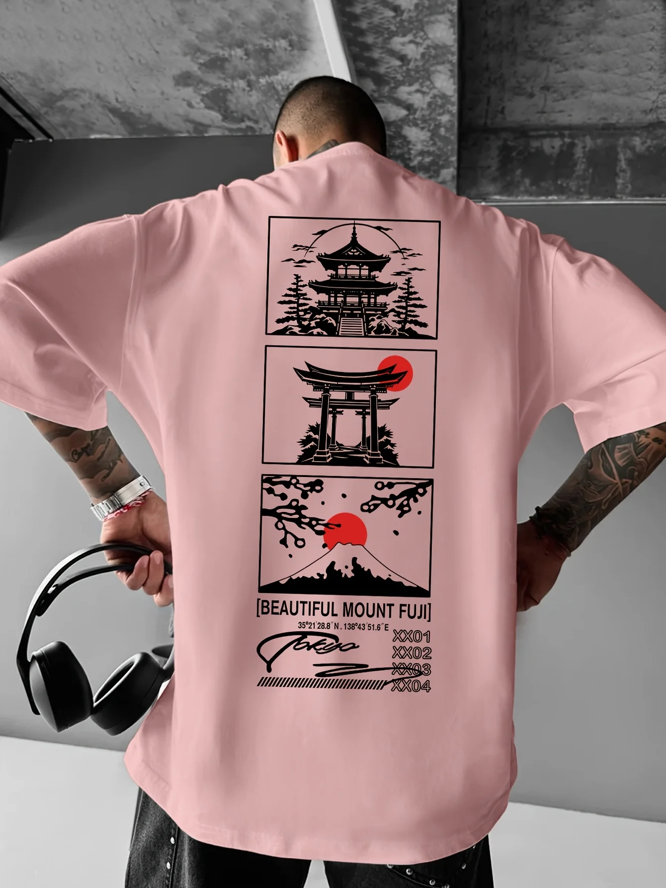 Men  Summer Streetwear Printed T-shirt with Cherry and Mount Fuji Patterns Loose Round-neck Casual Top Fashionable and Versatile