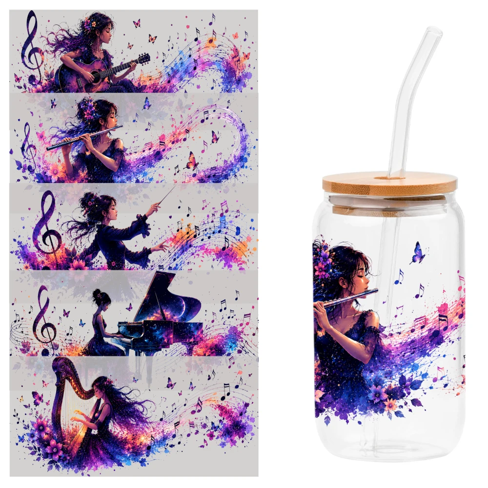 5 Sheets Musical Girl Watercolor Art UV DTF Stickers Waterproof Rub on Transfers DIY Water Bottle Glass Mug Decoration Gift