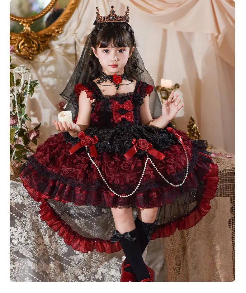 Gothic-Stil Mädchen Lolita Kuchenkleid Spitze Rüschen-Tüllrock Kinder Prinzessin Geburtstag Halloween Fotoshooting Kostüm – Detail 10