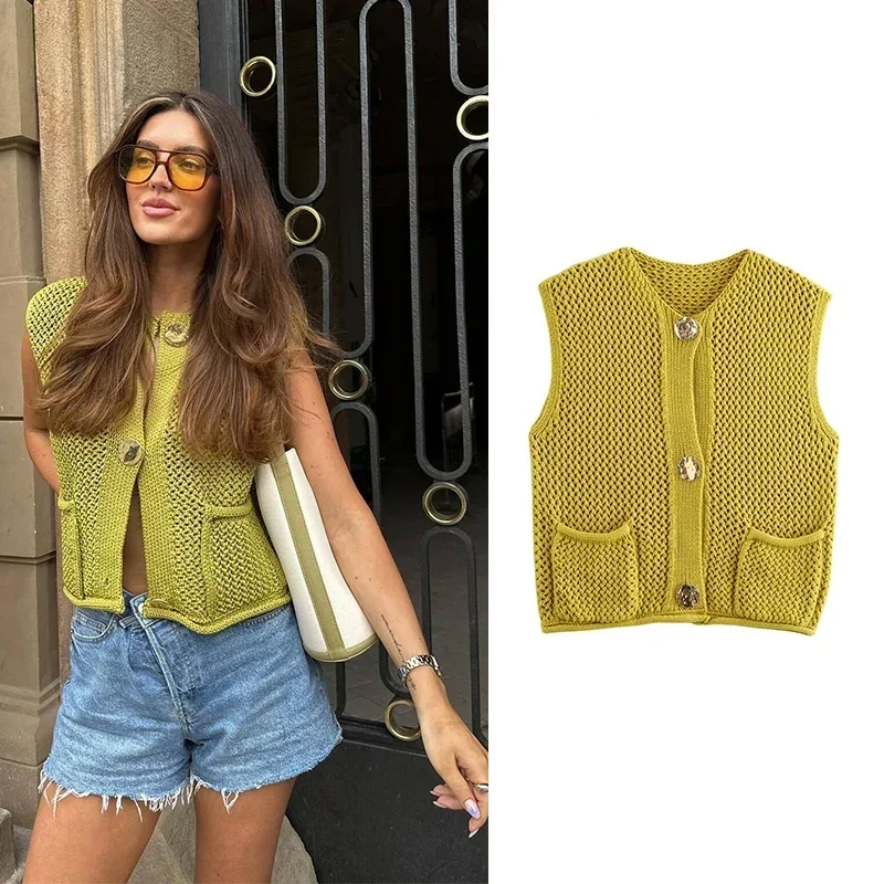 

Sleeveless Vests for Women Vintage Crop Knit Cardigans Outerwears Female Sweater Waistcoat Cardigan Fall Clothes 2024
