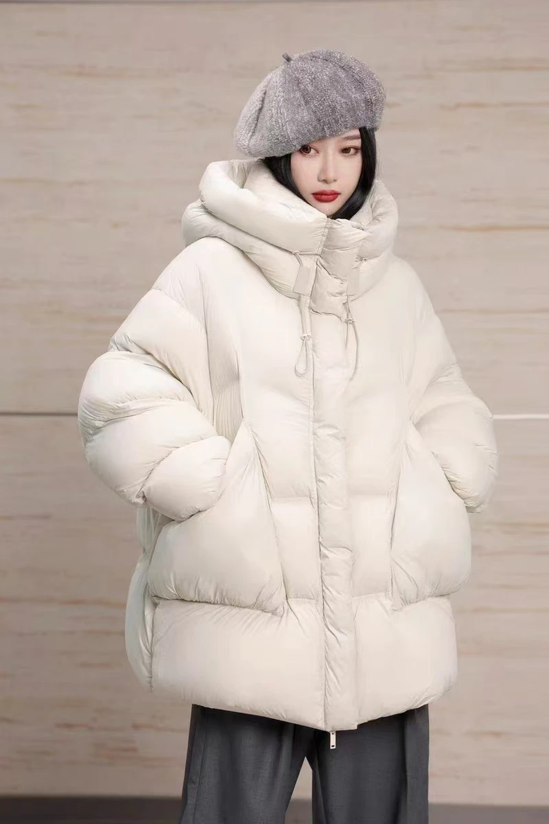 Puff Down Jacket Female 2024 Winter New Hooded Medium-length Versatile Loose Puffer Jacket Thickened White Duck Down Warm Coat