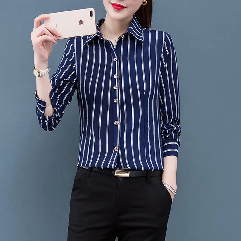 Vintage Striped Printed Business Casual Office Lady Button Up Shirt Spring Summer New Fashion Lapel Slim Blouse Top Women Blusas