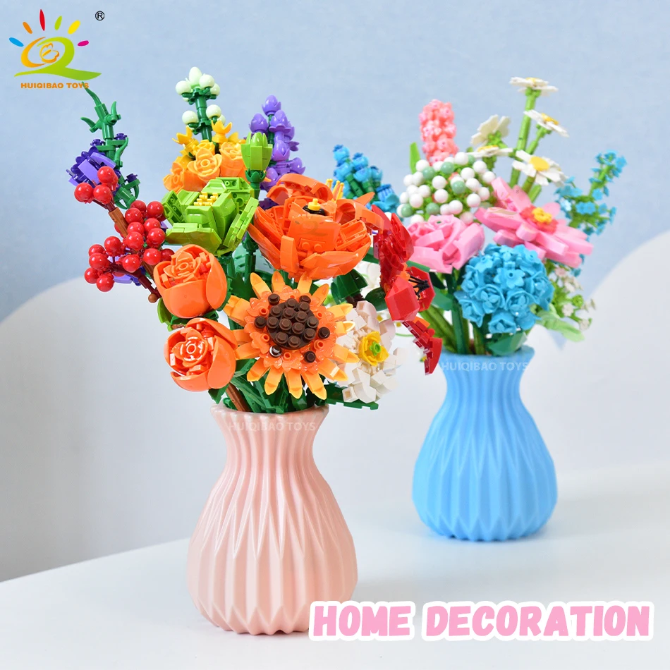 HUIQIBAO Ideas Bouquet Building Blocks MOC Flower Plants Sunflower Rose Bricks Collection Toy for Children Adult Home Decoration